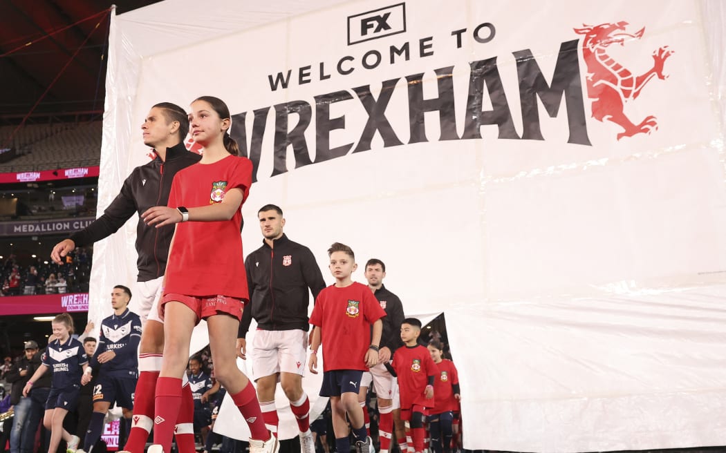 Wrexham AFC's players before the football friendly against Melbourne Victory, 2025.