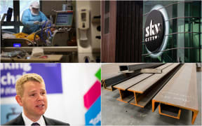 From top left to bottom right: A patient is checked over, SkyCity logo, Health minister Chris Hipkins and steel metal.