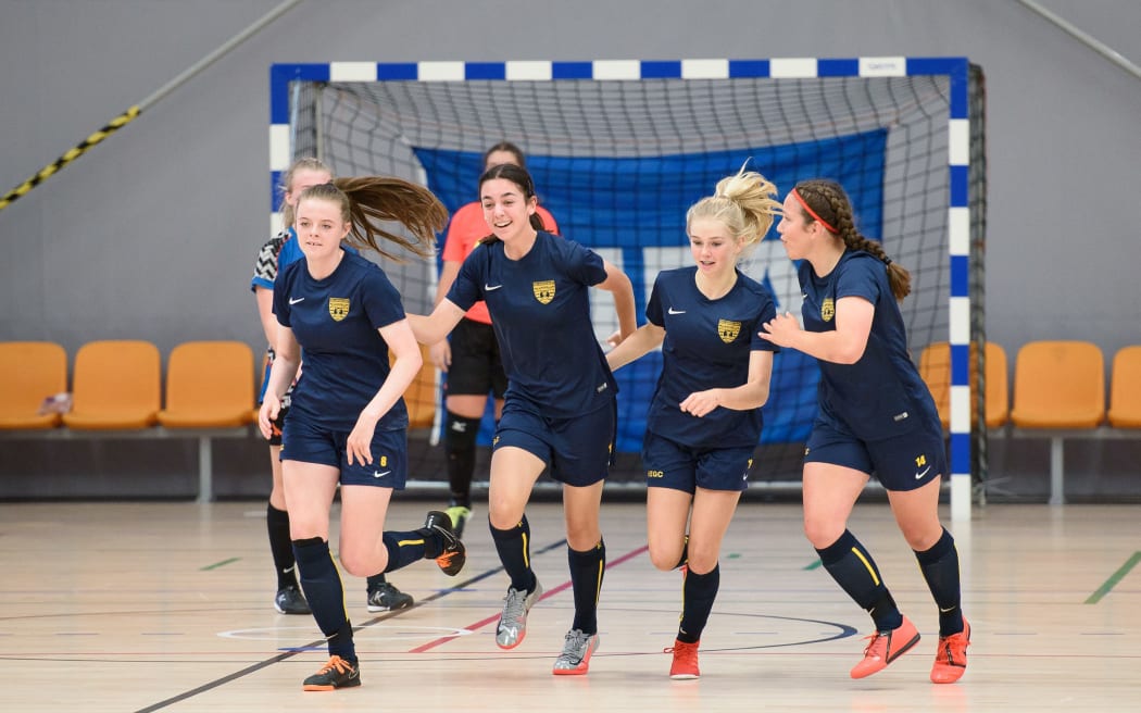 Wellington East Girls College celebrate a goal.
2021 New Zealand Secondary School Futsal Championships.