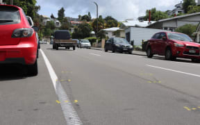Skid marks and road markings at the site of a crash which happened on Saturday on Shakespeare Rd, Bluff Hill in Napier.
