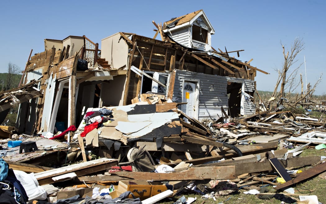 A ruined home in Vilonia, Arkansas after a tornado tore through the area for the second time in three years.