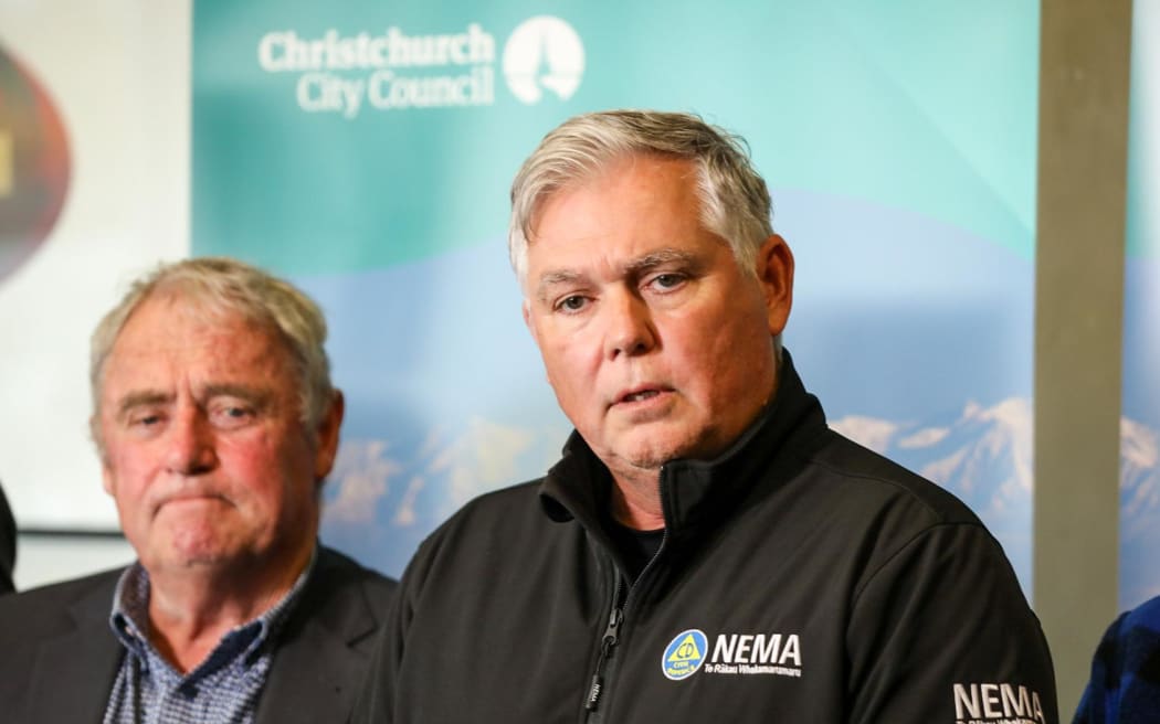 Emergency Management and Recovery Minister Mark Mitchell and Christchurch Mayor Phil Mauger address the flood recovery efforts in Canterbury.