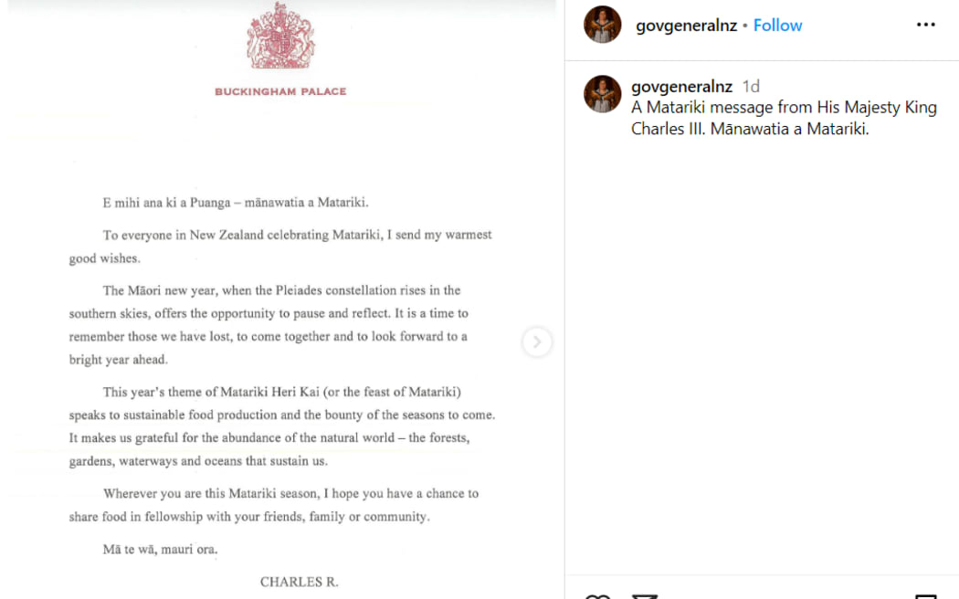 The statement from King Charles wishing New Zealanders his "warmest good wishes" for Matariki.