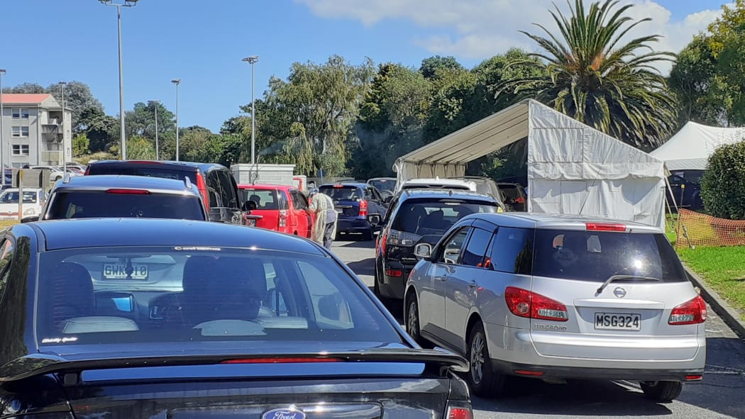 A long line of cars, many with children, queued for testing in the grounds of Whanganui Hospital yesterday.