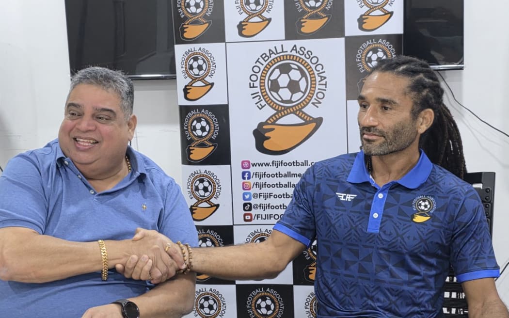 Fiji FA president Rajesh Patel, left, and the new Fiji men's national team coach Stephane Auvray in Suva on Monday. 20 October 2025