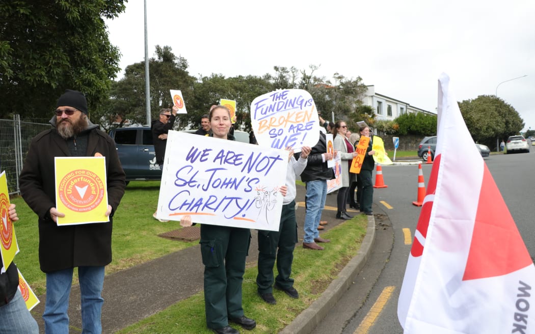 First Union and New Zealand Ambulance Association ambulance officers rallying in Auckland.