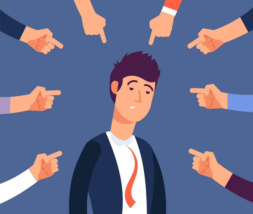 Bullying at work concept. Adult man get harassment by angry coworkers. Accus at office vector illustration. Victim person worker, stress on job, failure and unhappy
