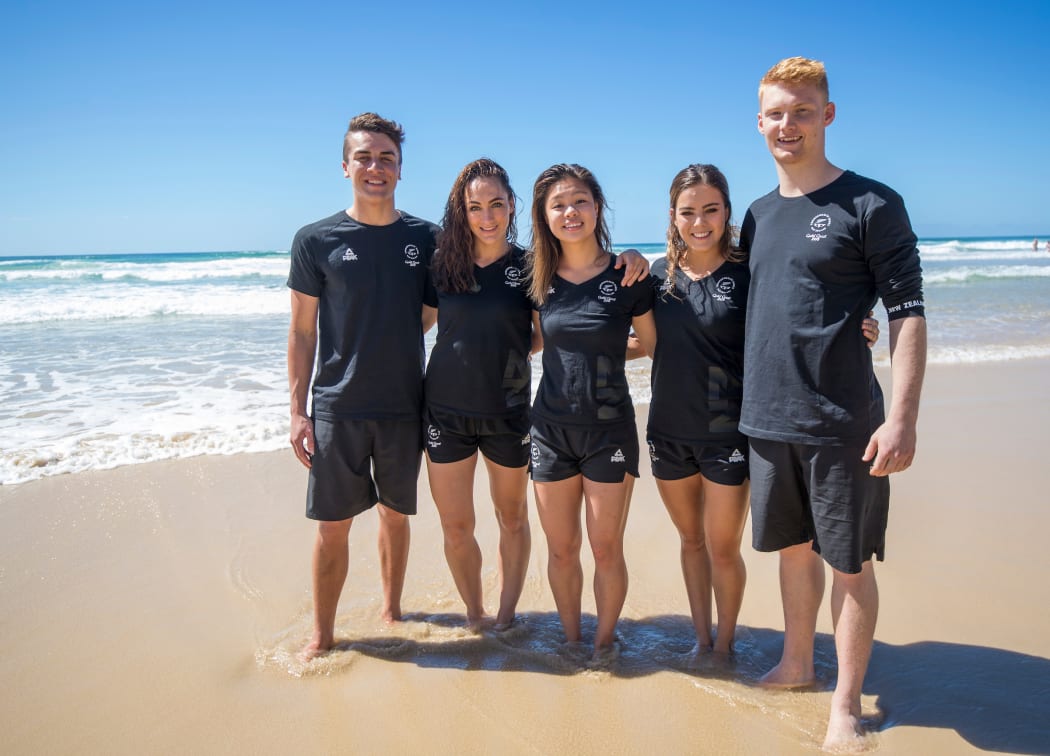 New Zealand diving team, Anton Down-Jenkins, Shaye Boddington, Yu Qian Goh, Lizzie Cui, Liam Stone. Commonwealth Games, Gold Coast, Australia. Monday 9 April, 2018. Copyright photo: John Cowpland / www.photosport.nz