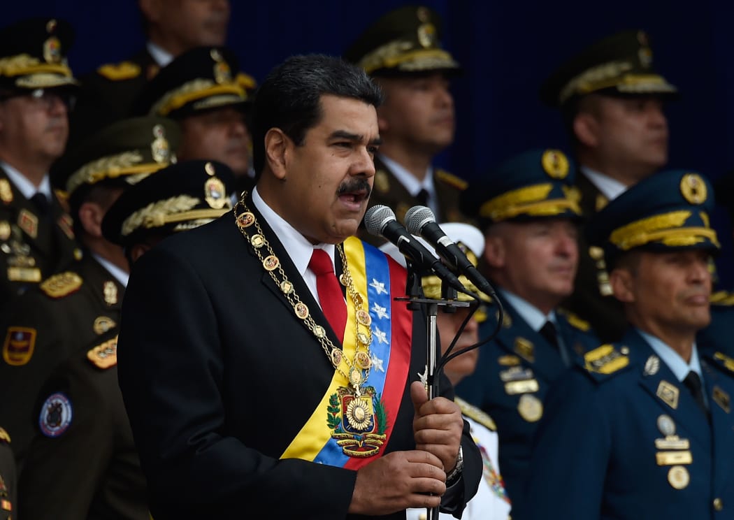 Venezuelan President Nicolas Maduro delivers a speech during a ceremony to celebrate the 81st anniversary of the National Guard in Caracas