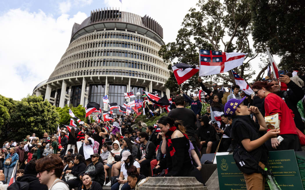 The hikoi against the Principles of the Treaty of Waitangi Bill reaches Parliament.
