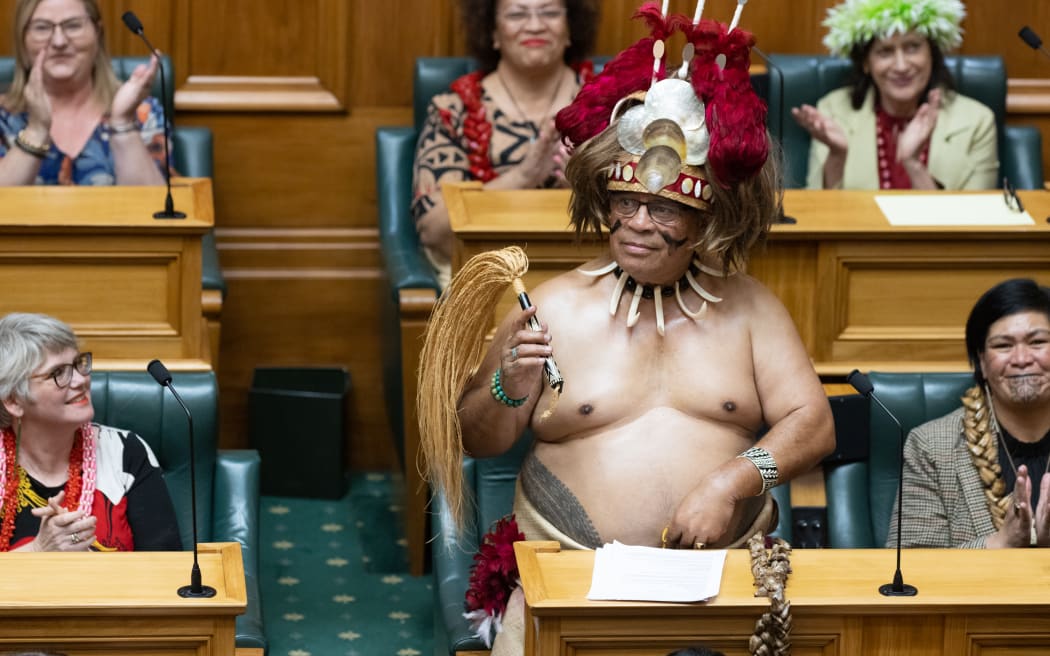 Aupito William Sio, the MP for Māngere, dressed in traditional Samoan attire for his valedictory speech in Parliament, 22 August 2023.