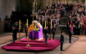 The Earl of Wessex, front right, stands vigil beside the Queen Mother's coffin while it lies-in-state at Westminster Hall in London, 8 April 2002.