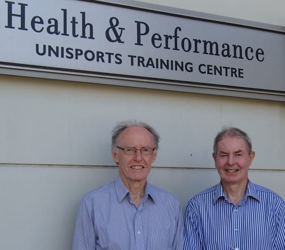 Jim Stinear (left) and Greg Anson in front of the Health and Performance Clinic gym at the University of Auckland's Tamaki Campus.
