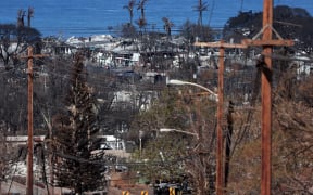 Numerous blackened hulks of burned-out cars and houses are seen in the wildfire-ravaged town of Lahaina on the island of Maui, in State of Hawaii, United States on 18 August 2023.