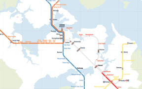 Infographic showing Labour's proposed North-Western light rail line (orange), central line (blue), and rapid bus link (yellow).