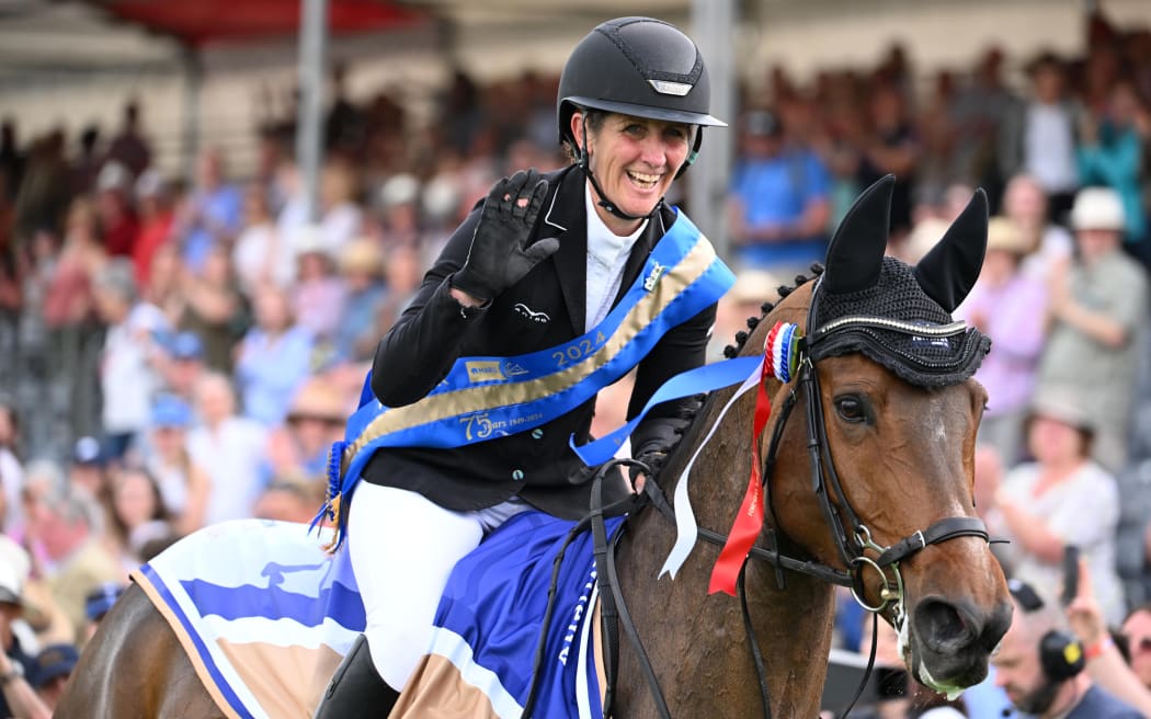 Caroline Powell (NZL) riding Greenacres Special Cavalier celebrates winning Badminton Horse Trials