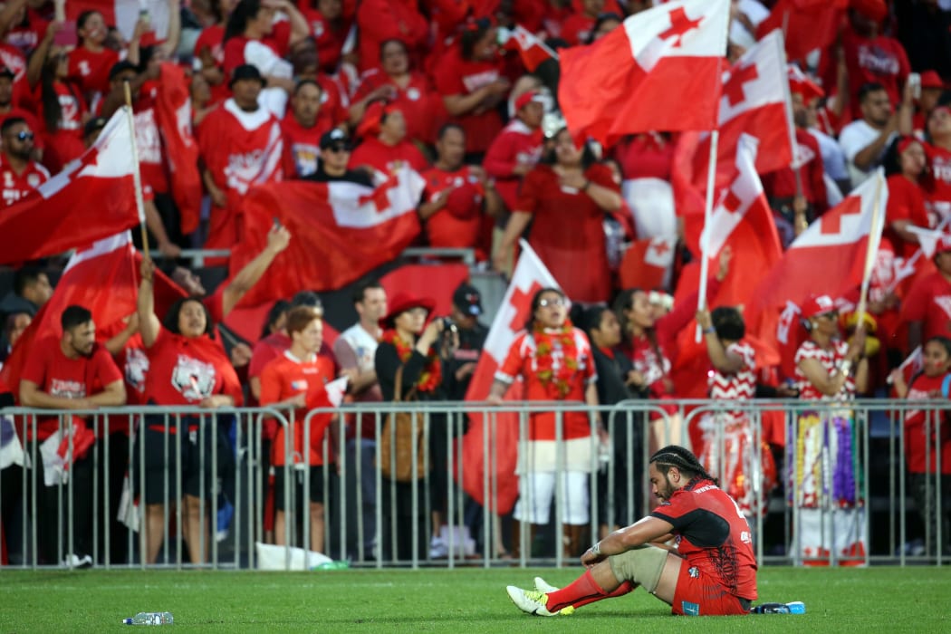 Tonga's Konrad Hurrell reacts after the semi-final loss to England.