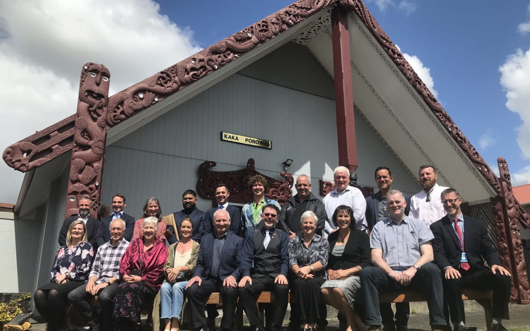 Whangārei District Council politicians and senior management on Whangārei Terenga Paraoa marae after their pōwhiri.