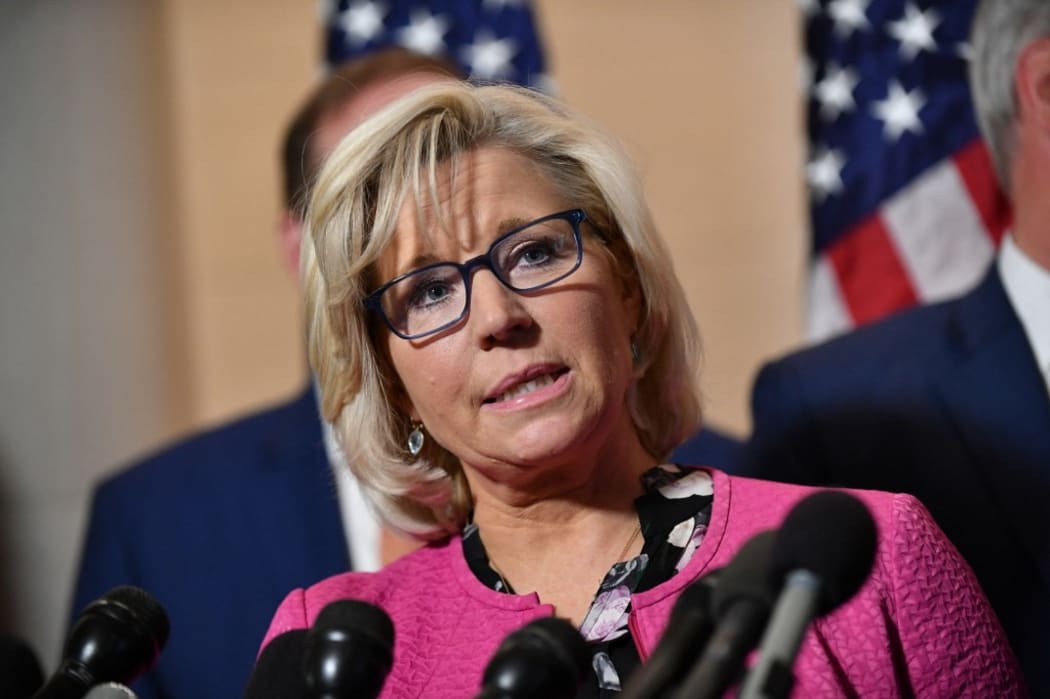 (FILES) In this file photo taken on November 14, 2018 Wyoming US Representative Liz Cheney speaks following the House Republican leadership vote at the Longworth House Office Building on Capitol Hill in Washington, DC.