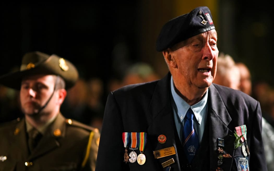 War veterans participate in the annual ANZAC (Australian and New Zealand Army Corps) Day dawn service on April 25, 2022 in Sydney.