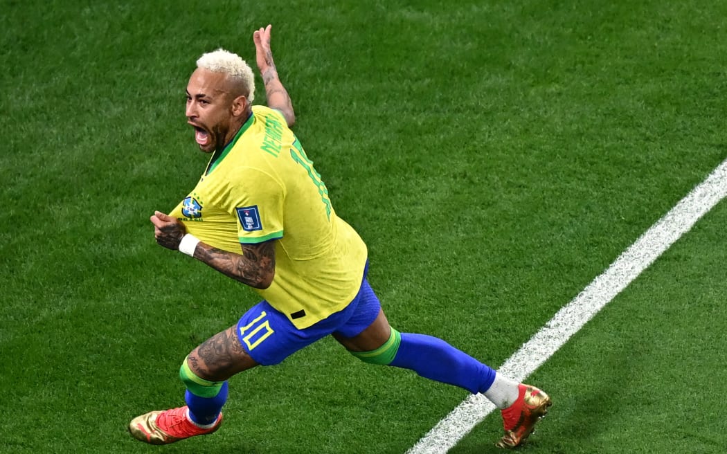 Brazil's forward Neymar celebrates after scoring against Croatia in the Qatar 2022 World Cup quarter-final.
