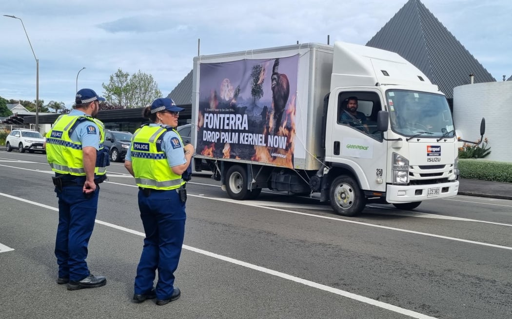 Delegates arriving at the Fonterra AGM were greeted by a Greenpeace protest about the use of palm kernel as a stock feed. Police prevented a truck displaying a protest banner from getting into the car park of the conference venue.