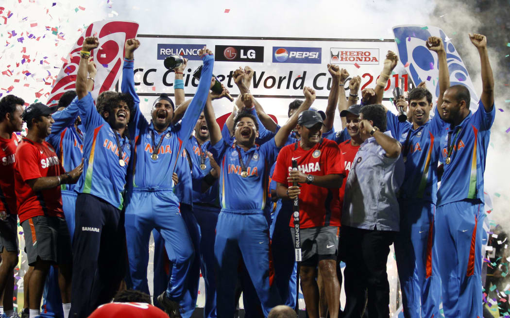 Indian players celebrate winning 2011 Cricket World Cup.