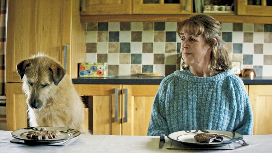 Film still from the movie Róise and Frank showing Frank the dog and Róise sitting together at the dinner table.
