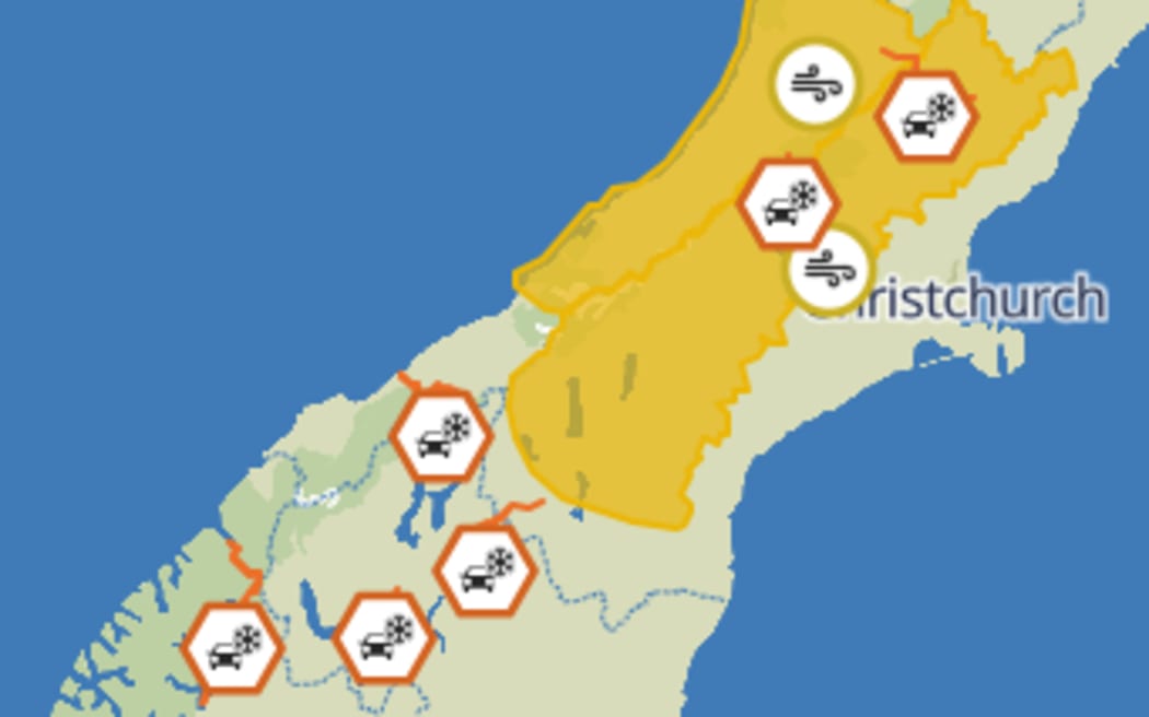 Road snowfall warnings in parts of the South Island.