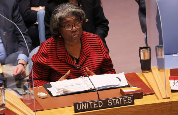 NEW YORK, NEW YORK - MARCH 11: Members of the U.N. Security Council listen as Linda Thomas-Greenfield, United States Ambassador to the United Nations speaks during the U.N. Security Council meeting