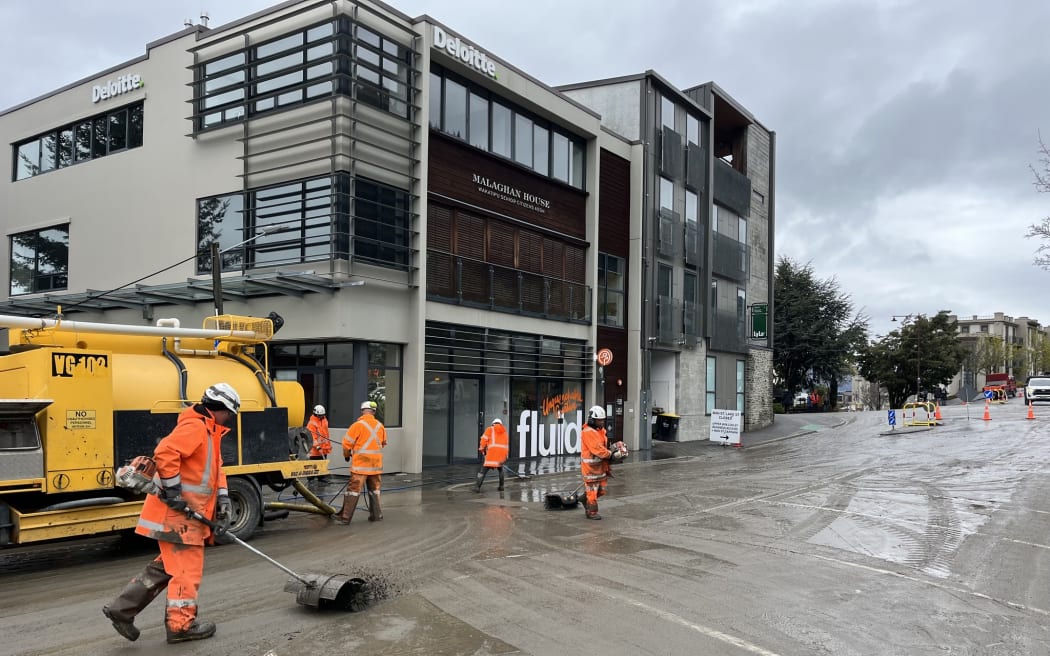 Debris from flooding and slips on Memorial Street in Queenstown as seen on 22 September 2023.