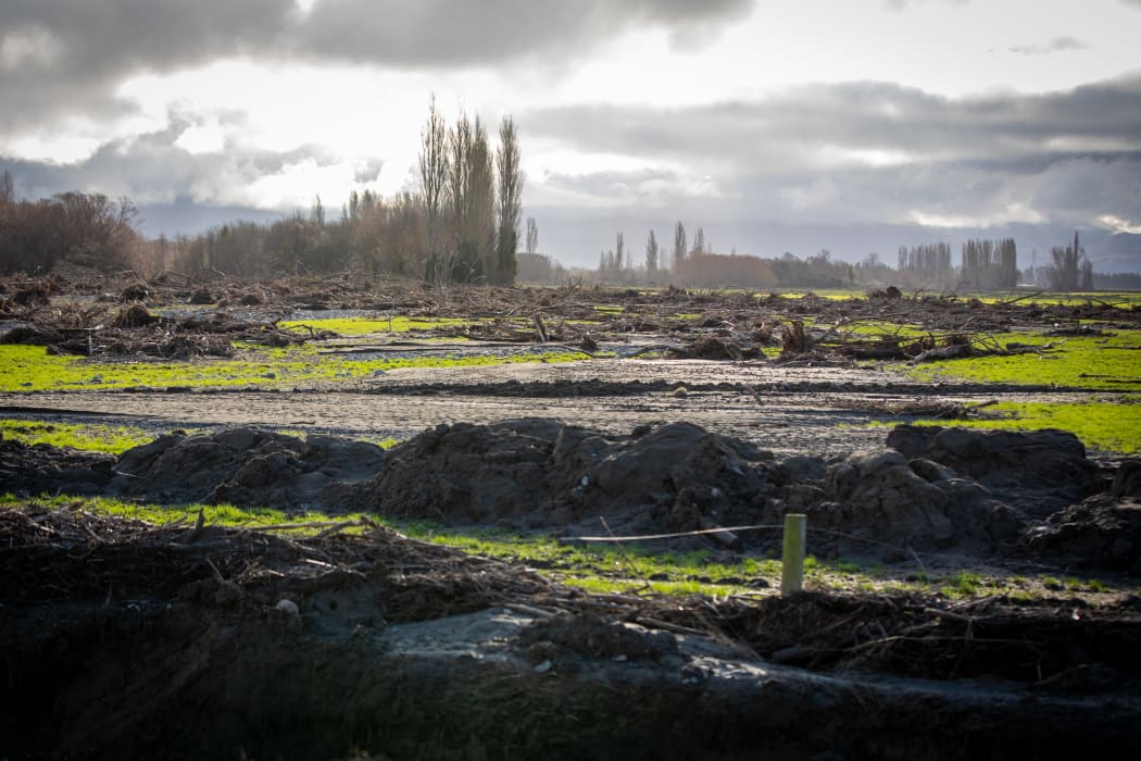 Silt and debris on an Ashburton farm called Anna Dale, three weeks on from flooding that hit the region.