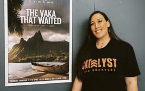 Niu FM radio personality and proud Cook Islander, Chelsea Cuthers-Munro pictured with the promotional poster for her documentary 'The Vaka That Waited'