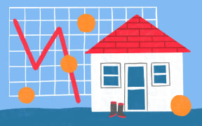 Small house, gold coins and descending graph line