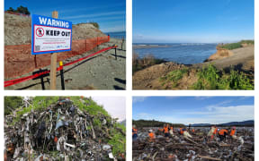 A new fund has been set up to fund work on four historic dumps vulnerable to leaking materials, they are among at least 100 known historic dumps nationwide. Clockwise from top left: Tāhunanui Beach, Bluecliffs Beach, Fox River cleanup efforts, rubbish that leaked en masse from a Fox River rubbish dump.