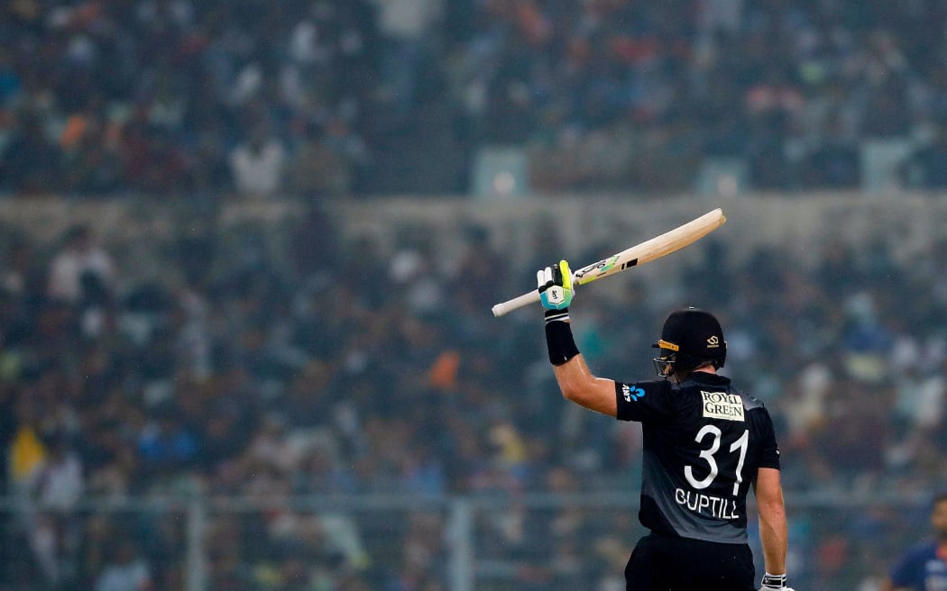 Martin Guptill of New Zealand playing India at Eden Gardens 2021.