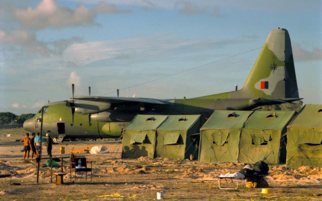 Operation Samaritan, Somalia. No. 42 Squadron tents in front of No. 40 Squadron Hercules NZ7001, just before dismantling the camp for return to New Zealand.