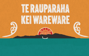 Words Te Rauparaha Kei Wareware. Kapiti Island silouhette, waka taua, sun rise.