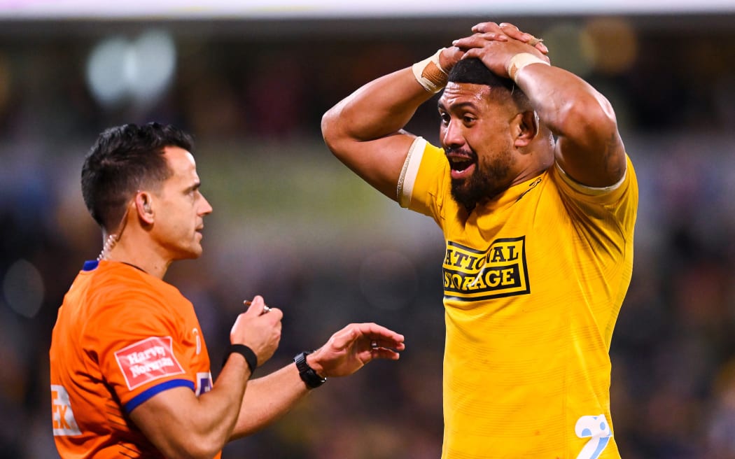 Ardie Savea of Hurricanes reacts after not being awarded a try in the quarterfinal against the Brumbies in Canberra- 10/6/23