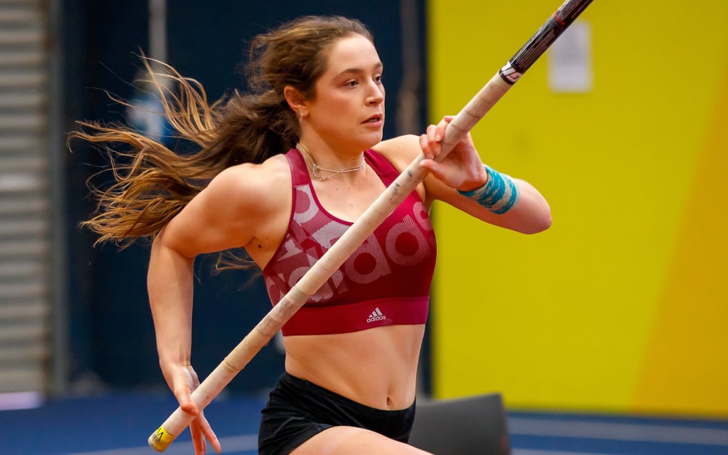 The powerful Imogen Ayris tries to get the most out of her run up.