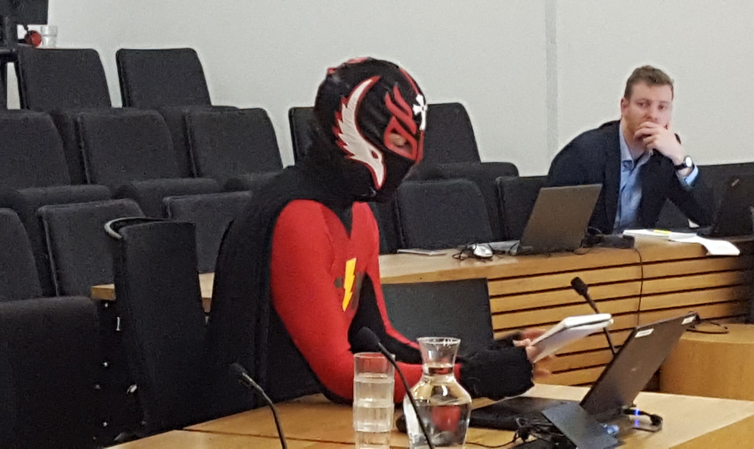 The mysterious Flat Man at a Christchurch City Council meeting today.