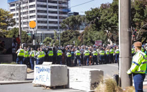 Police at Covid convoy protest - Parliament, Wellington on 24 February.