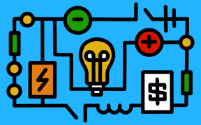 Stylised electrical circuits with lightbulb and dollar sign