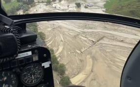 The Waipaoa River, near Gisborne, during Cyclone Gabrielle, 14/2/23