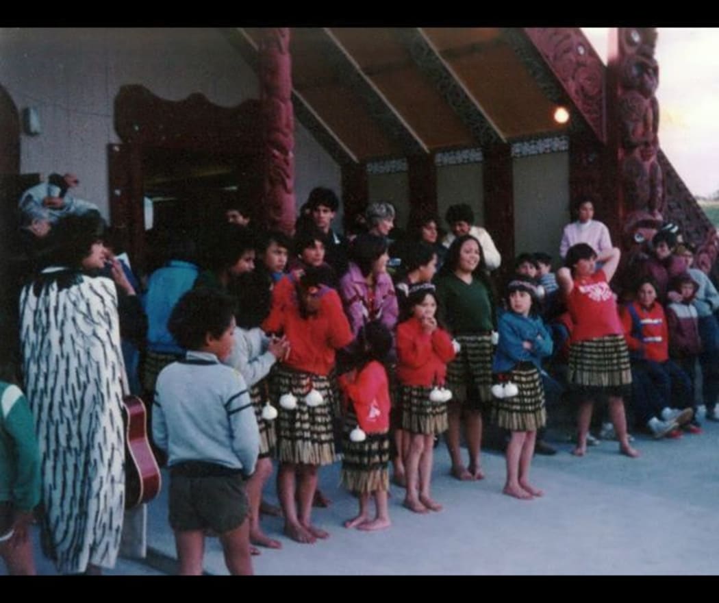 Some of the crowd at Takapūwāhia Marae, including 12-year-old Paula Collins, seen in the pink jacket in the centre of the group.