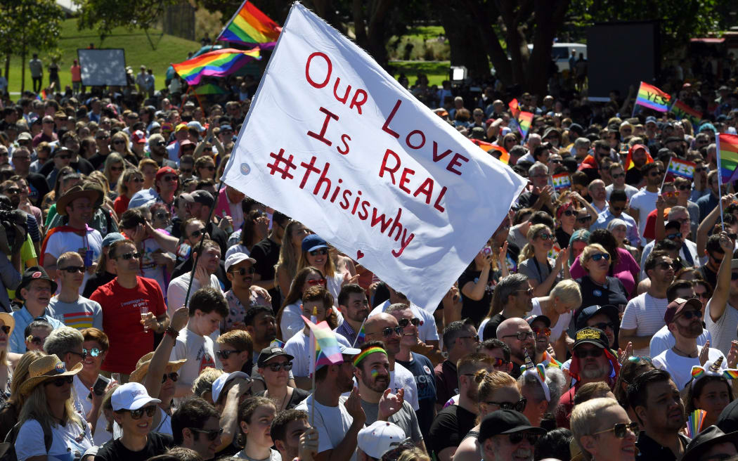 Supporters of the same-sex marriage "Yes" vote gather to celebrate the announcement.