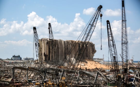 Damaged grain silos opposite the blast site of a massive explosion at Beirut port.