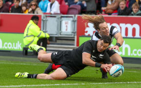 David Havili of New Zealand All Blacks XV is challenged by Ernest van Ryhn of Barbarians. New Zealand All Blacks XV v Barbarians, international rugby union match at Gtech Stadium, Brentford, England on Saturday 1 November 2025.
Photo credit: Anthony Hanc / Photosport