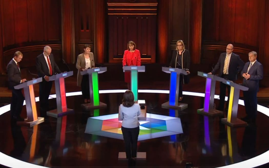 The BBC televised debate included, from left, Lib Dem leader Tim Farron, Labour leader Jeremy Corbyn, Green co-leader Caroline Lucas, Plaid Cymru leader Leanne Wood, Home Secretary Amber Rudd, , UKIP leader Paul Nuttall and Scottish National Party deputy Angus Robertson.