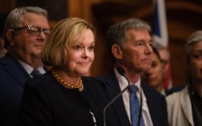National Party leader Judith Collins addresses media following the emergency caucus meeting on 14 July.